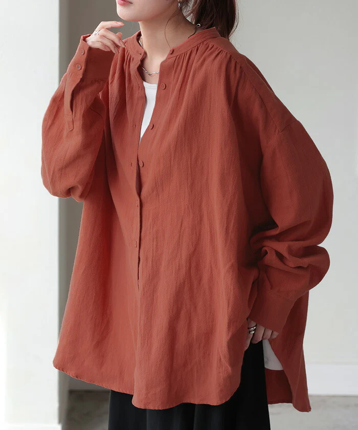 シャツ 微起毛 トップス ロング 綿100％ レディース ロングシャツ チュニック ブラウス ノーカラー バンドカラー オーバーサイズ ゆったり 二の腕カバー ドルマン 体型カバー お尻が隠れる 羽織 長袖 大きいサイズ 黒 白 カーキ 春 夏 HUG.U - Image 5