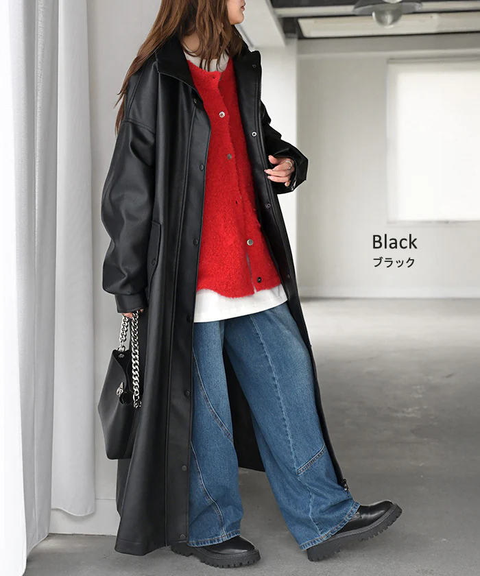 アウター コート ロング レザー風 レディース ロングコート フェイクレザー レザーライク 防風 ジャケット ハイネック リブ ダブルジップ 羽織 柔らかい ゆったり オーバーサイズ 大きいサイズ 体型カバー カジュアル お尻が隠れる 黒 グレー 秋 冬 HUG.U - Image 17