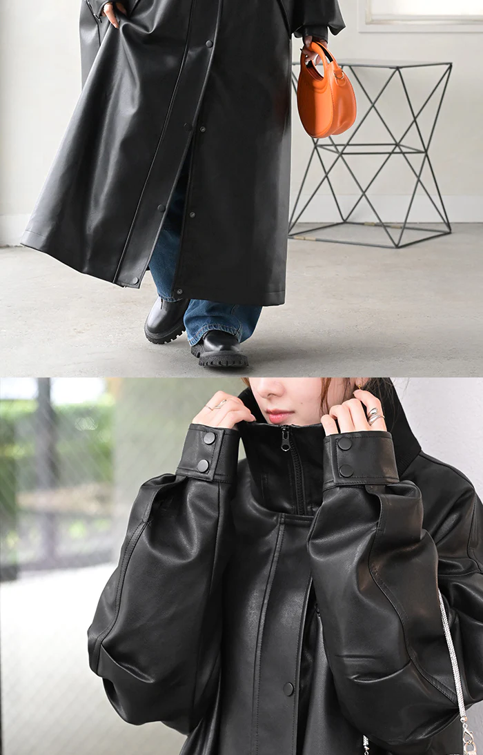 アウター コート ロング レザー風 レディース ロングコート フェイクレザー レザーライク 防風 ジャケット ハイネック リブ ダブルジップ 羽織 柔らかい ゆったり オーバーサイズ 大きいサイズ 体型カバー カジュアル お尻が隠れる 黒 グレー 秋 冬 HUG.U - Image 20