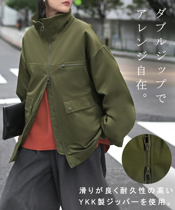 アウター ジャケット 中綿 ミリタリー レディース ロング コート ブルゾン オーバー ハイネック あったか 羽織 YKK ダブルジップ ボタン ポケット ドロスト オーバーサイズ 大きいサイズ 体型カバー 軽量 暖かい お尻が隠れる 黒 カーキ 秋 冬 HUG.U - Image 15