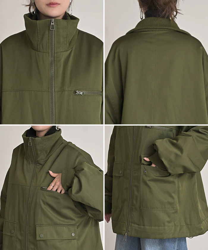 アウター ジャケット 中綿 ミリタリー レディース ロング コート ブルゾン オーバー ハイネック あったか 羽織 YKK ダブルジップ ボタン ポケット ドロスト オーバーサイズ 大きいサイズ 体型カバー 軽量 暖かい お尻が隠れる 黒 カーキ 秋 冬 HUG.U - Image 22