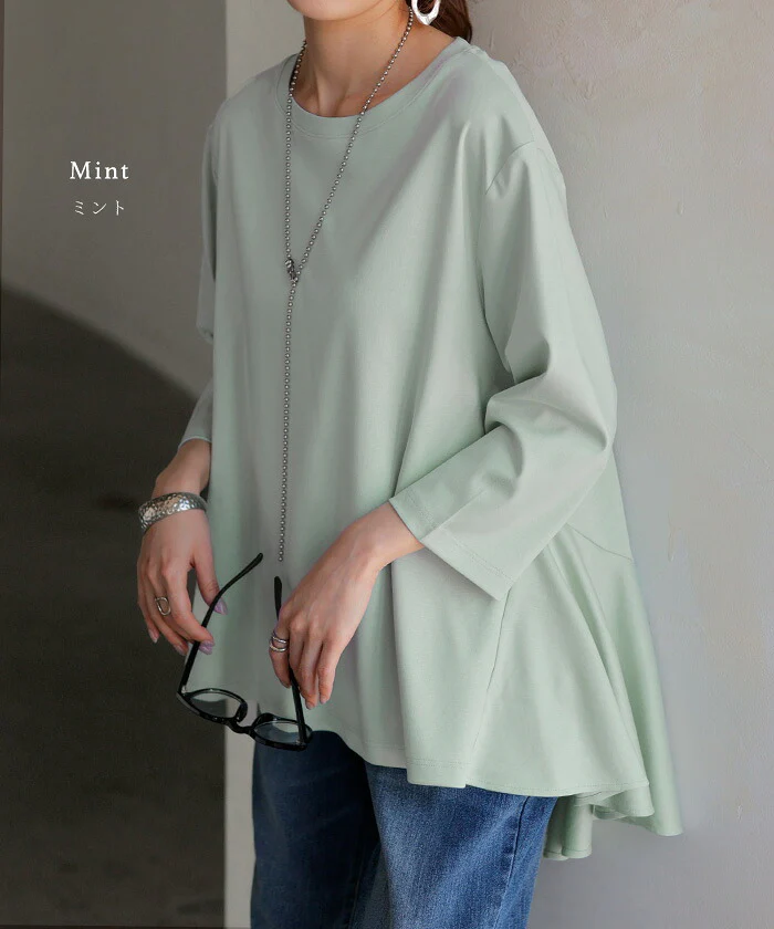 トップス 接触冷感 レディース 涼しい Tシャツ 七分 袖 カットソー ロング ティーシャツ チュニック フレア バックシャン ビッグ クルーネック 長い 無地 ゆったり 体型カバー お尻が隠れる 大きいサイズ おしゃれ きれいめ 白 黒 春 夏 HUG.U メール便 - Image 11
