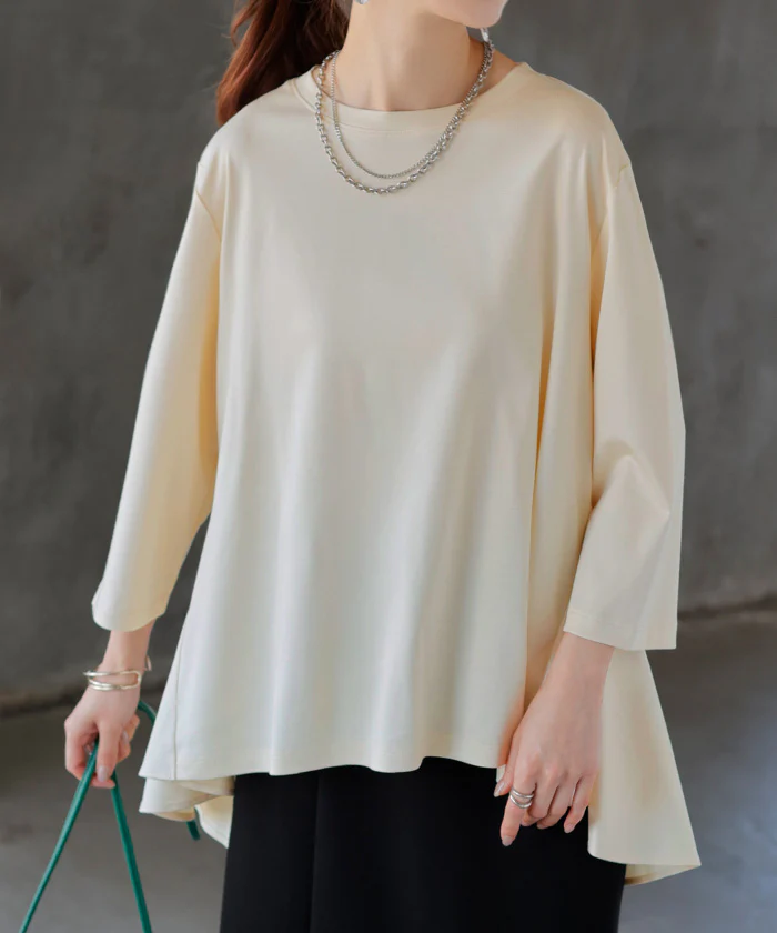 トップス 接触冷感 レディース 涼しい Tシャツ 七分 袖 カットソー ロング ティーシャツ チュニック フレア バックシャン ビッグ クルーネック 長い 無地 ゆったり 体型カバー お尻が隠れる 大きいサイズ おしゃれ きれいめ 白 黒 春 夏 HUG.U メール便 - Image 27
