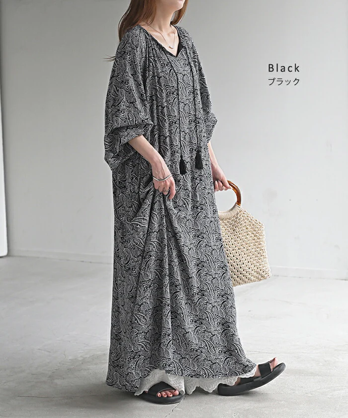 ワンピース ペイズリー シャツワンピース ノーカラー シャツワンピ レディース ロング ロングワンピース Aライン マキシ マキシワンピース ワンピ ロングシャツ ロングワンピ 長袖 羽織 きれいめ 体型カバー 大きいサイズ 総柄 黒 青 春 夏 HUG.U - Image 8