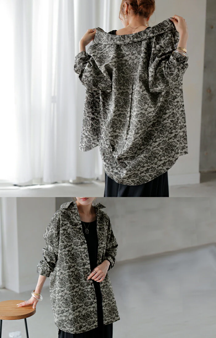 シャツ ジャガード レディース ジャケット ロング ロングシャツ チュニック ブラウス トップス 長袖 総柄 花柄 柄シャツ 羽織 ライトアウター メンズライク 大きいサイズ 体型カバー お尻が隠れる おしゃれ ゆる 別売り セットアップ 可 黒 春 夏 HUG.U - Image 13