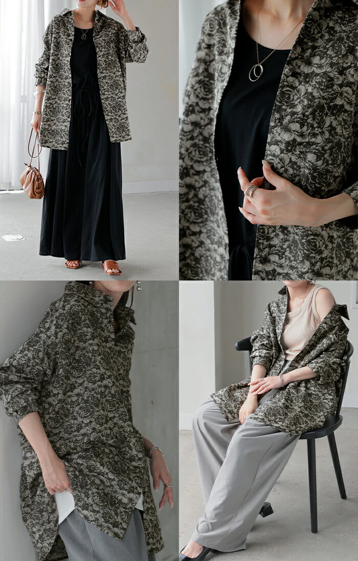 シャツ ジャガード レディース ジャケット ロング ロングシャツ チュニック ブラウス トップス 長袖 総柄 花柄 柄シャツ 羽織 ライトアウター メンズライク 大きいサイズ 体型カバー お尻が隠れる おしゃれ ゆる 別売り セットアップ 可 黒 春 夏 HUG.U - Image 18