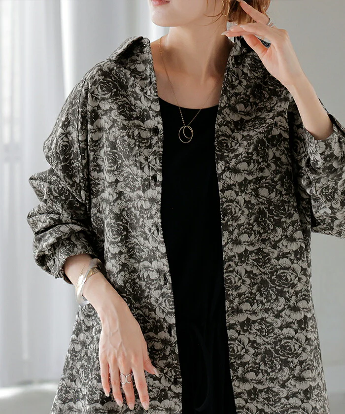 シャツ ジャガード レディース ジャケット ロング ロングシャツ チュニック ブラウス トップス 長袖 総柄 花柄 柄シャツ 羽織 ライトアウター メンズライク 大きいサイズ 体型カバー お尻が隠れる おしゃれ ゆる 別売り セットアップ 可 黒 春 夏 HUG.U - Image 22