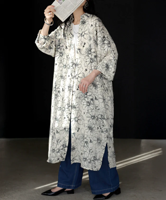 ワンピース シャツ 花柄 ワンピ シフォンワンピース ロングワンピース トップス チュニック ロングシャツ ロング レディース 長袖 きれいめ シャツワンピース 透け 体型カバー シフォン ブラウス 大きいサイズ 羽織 Aライン 重ね着 黒 白 春 夏 HUG.U メール便 - Image 27