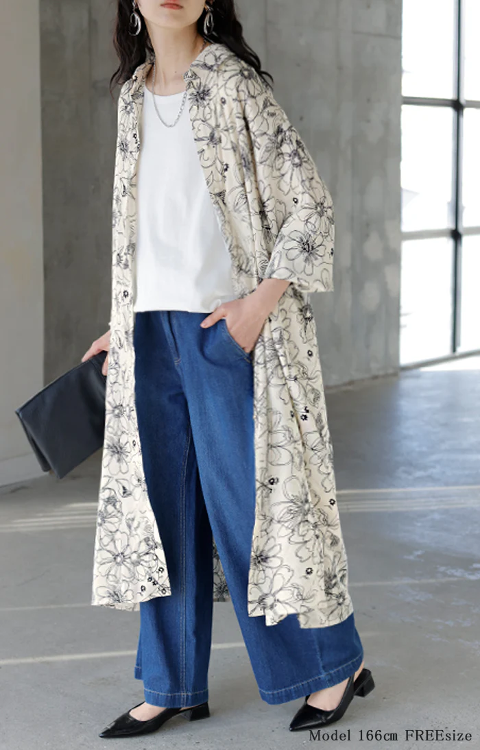 ワンピース シャツ 花柄 ワンピ シフォンワンピース ロングワンピース トップス チュニック ロングシャツ ロング レディース 長袖 きれいめ シャツワンピース 透け 体型カバー シフォン ブラウス 大きいサイズ 羽織 Aライン 重ね着 黒 白 春 夏 HUG.U メール便 - Image 4