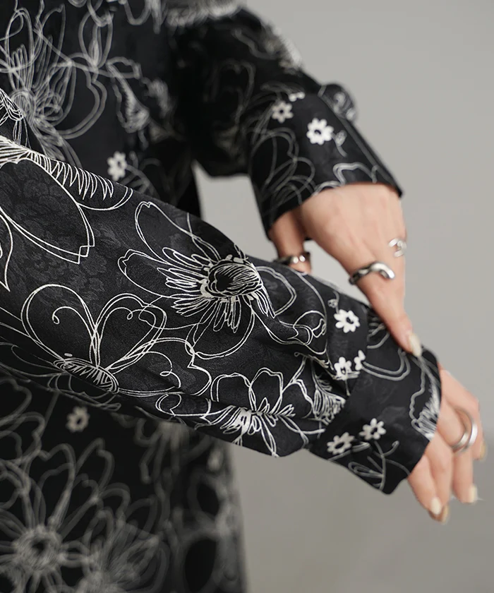 ワンピース シャツ 花柄 ワンピ シフォンワンピース ロングワンピース トップス チュニック ロングシャツ ロング レディース 長袖 きれいめ シャツワンピース 透け 体型カバー シフォン ブラウス 大きいサイズ 羽織 Aライン 重ね着 黒 白 春 夏 HUG.U メール便 - Image 7