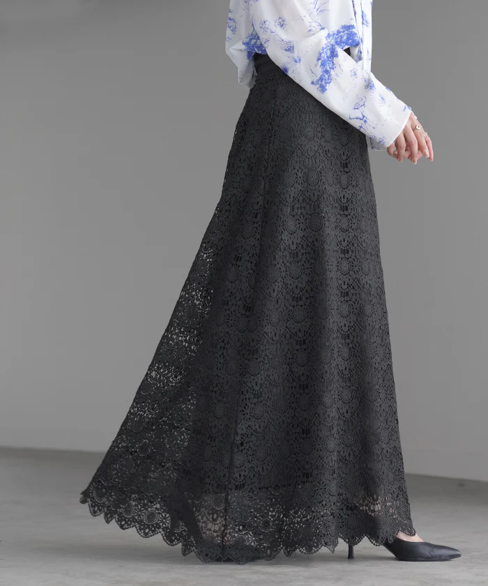 【夏セール】 スカート 刺繍 レース レディース ボトムス ロング ロングスカート マキシ マキシスカート 花柄 Aライン フレア フレアスカート レーススカート 長い ゴム ボトム ボリューム ゆったり 体型カバー きれいめ 大きいサイズ 黒 ネイビー 春 夏 HUG.U - Image 29