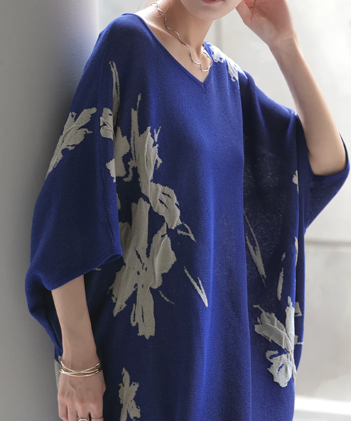 サマーニット 二の腕カバー 花柄 チュニック トップス ドルマン ■一部7月中旬入荷 ニット レディース コクーン プルオーバー ドルマンスリーブ 長い 体型カバー 半袖 ゆったり Vネック ライトニット 変形 ロング お尻が隠れる 大きいサイズ Tシャツ 白 黒 春 夏 HUG.U - Image 21