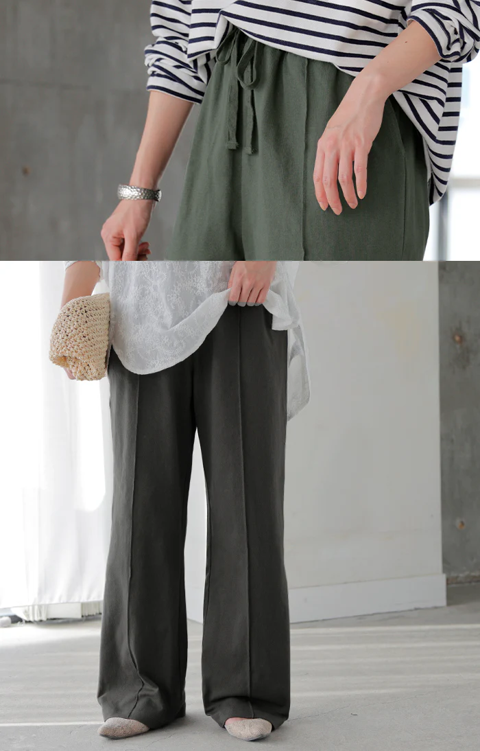 パンツ ワイド センターライン レディース ボトムス ボトム ロング 綿100％ ハイウエスト ズボン ずぼん ロングパンツ ウエストゴム ワイドパンツ ストレートパンツ 無地 ポケット ストレート 大きいサイズ 体型カバー カジュアル 白 黒 春 夏 HUG.U - Image 3