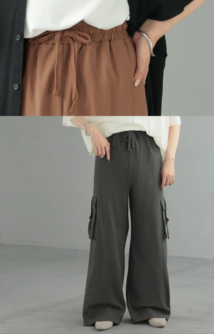 パンツ カーゴ ワイド ロング 綿100％ レディース ボトムス ボトム ハイウエスト ズボン ずぼん ロングパンツ ウエストゴム ワイドパンツ カーゴパンツ コットン 無地 ポケット ストレッチ 大きいサイズ 体型カバー カジュアル 白 黒 春 夏 HUG.U - Image 3
