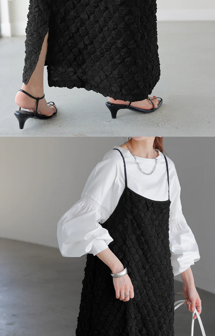 ワンピース ぽこぽこ ジャガード キャミワンピ ワンピ レディース キャミソールワンピース ロング ロングワンピース マキシワンピース 薄い 重ね着 レイヤード マキシ ストレッチ 無地 きれいめ Aライン 大きいサイズ 体型カバー 黒 春 夏 HUG.U - Image 9