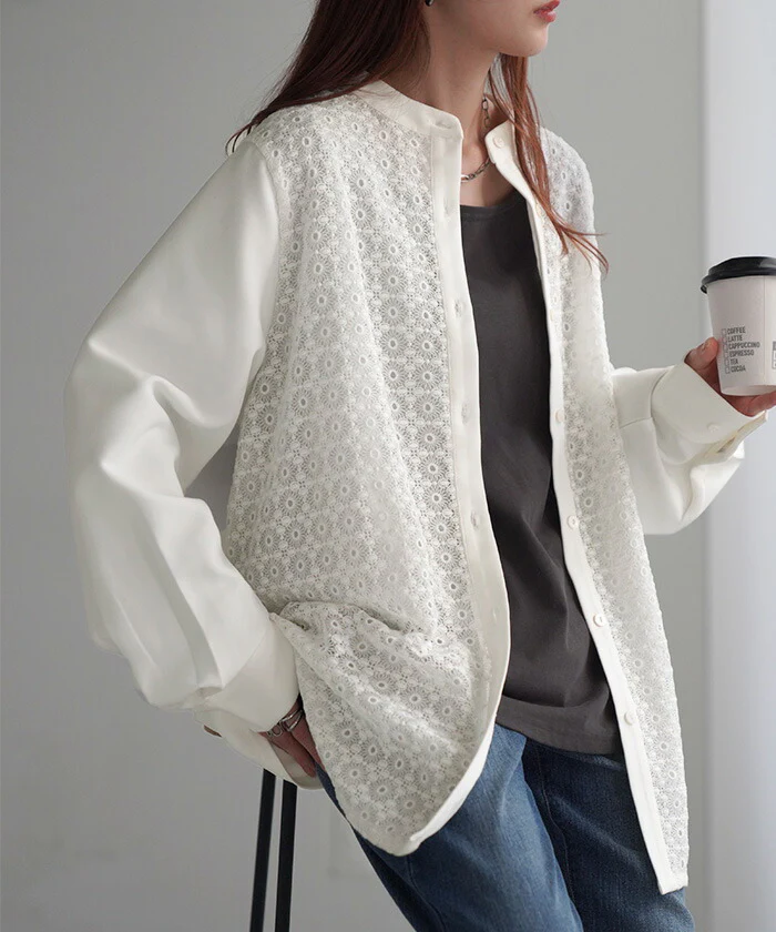 シャツ レディース レース 刺繍 トップス ■一部7月中旬入荷 柄 スカラップ ブラウス ノーカラ― バンドカラー チュニック オーバーサイズ 長い ロング ロングシャツ 長袖 羽織 きれいめ ゆる ドロップショルダー ドルマン 大きいサイズ 体型カバー 黒 白 春 夏 HUG.U - Image 11