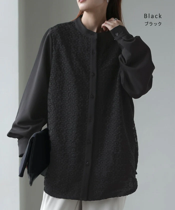 シャツ レディース レース 刺繍 トップス ■一部7月中旬入荷 柄 スカラップ ブラウス ノーカラ― バンドカラー チュニック オーバーサイズ 長い ロング ロングシャツ 長袖 羽織 きれいめ ゆる ドロップショルダー ドルマン 大きいサイズ 体型カバー 黒 白 春 夏 HUG.U - Image 16