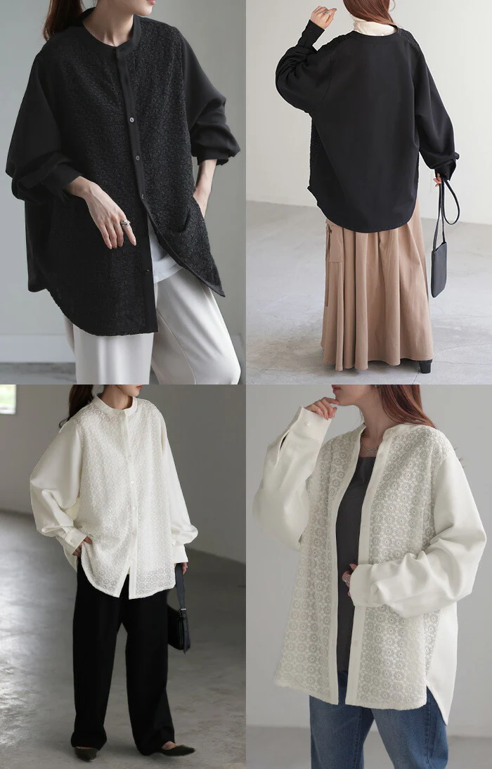 シャツ レディース レース 刺繍 トップス ■一部7月中旬入荷 柄 スカラップ ブラウス ノーカラ― バンドカラー チュニック オーバーサイズ 長い ロング ロングシャツ 長袖 羽織 きれいめ ゆる ドロップショルダー ドルマン 大きいサイズ 体型カバー 黒 白 春 夏 HUG.U - Image 21
