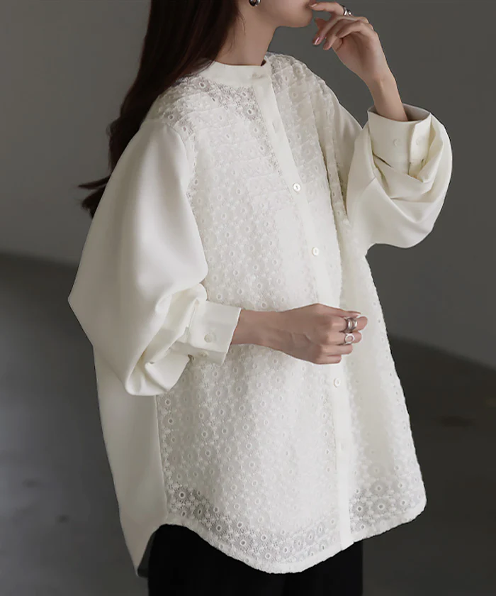 シャツ レディース レース 刺繍 トップス ■一部7月中旬入荷 柄 スカラップ ブラウス ノーカラ― バンドカラー チュニック オーバーサイズ 長い ロング ロングシャツ 長袖 羽織 きれいめ ゆる ドロップショルダー ドルマン 大きいサイズ 体型カバー 黒 白 春 夏 HUG.U - Image 26
