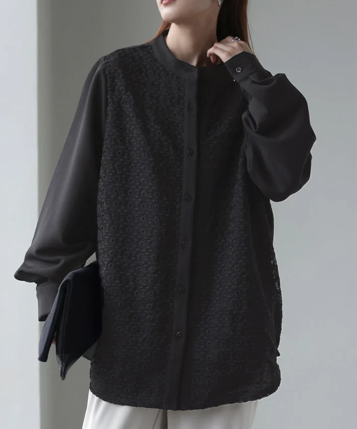 シャツ レディース レース 刺繍 トップス ■一部7月中旬入荷 柄 スカラップ ブラウス ノーカラ― バンドカラー チュニック オーバーサイズ 長い ロング ロングシャツ 長袖 羽織 きれいめ ゆる ドロップショルダー ドルマン 大きいサイズ 体型カバー 黒 白 春 夏 HUG.U - Image 27