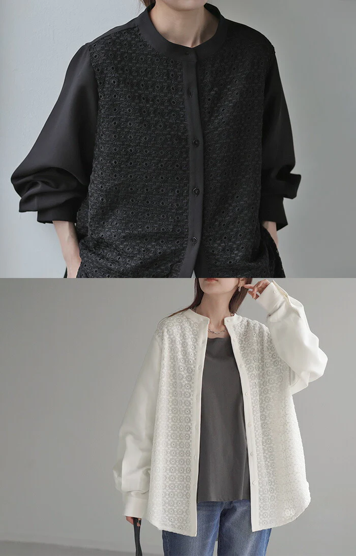 シャツ レディース レース 刺繍 トップス ■一部7月中旬入荷 柄 スカラップ ブラウス ノーカラ― バンドカラー チュニック オーバーサイズ 長い ロング ロングシャツ 長袖 羽織 きれいめ ゆる ドロップショルダー ドルマン 大きいサイズ 体型カバー 黒 白 春 夏 HUG.U - Image 8