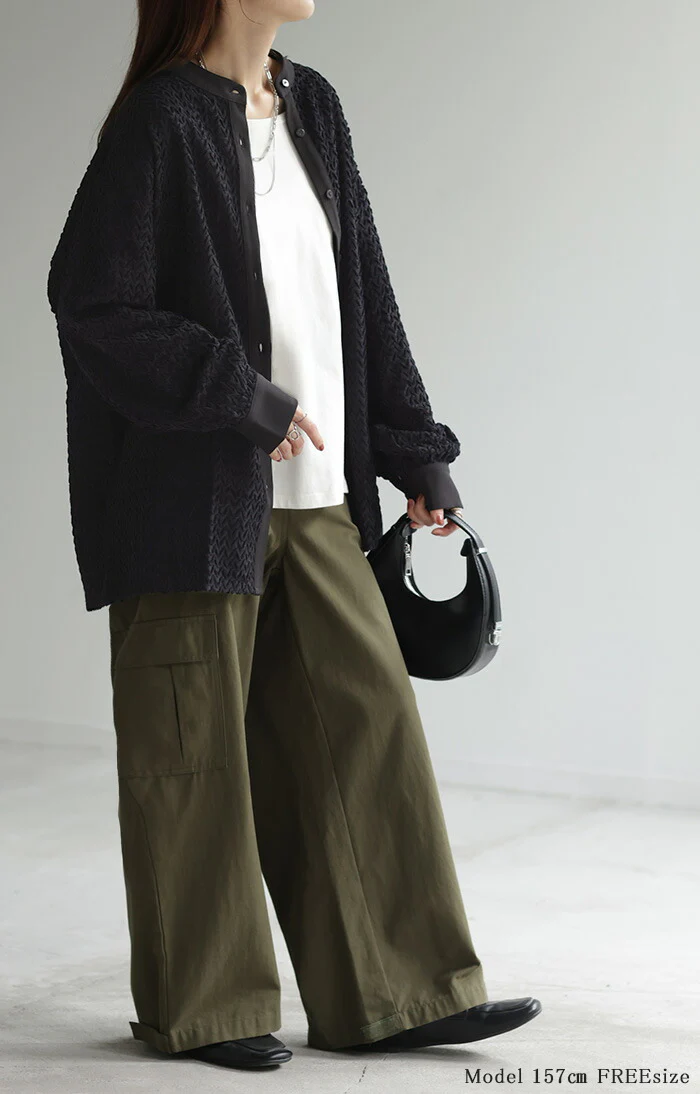 シャツ トップス ロング モールヤーン レディース ロングシャツ チュニック ブラウス Uネック 柄シャツ オーバーサイズ ゆったり 二の腕カバー ドルマン 体型カバー お尻が隠れる 羽織 長袖 きれいめ 大きいサイズ 黒 ベージュ 春 夏 HUG.U - Image 4