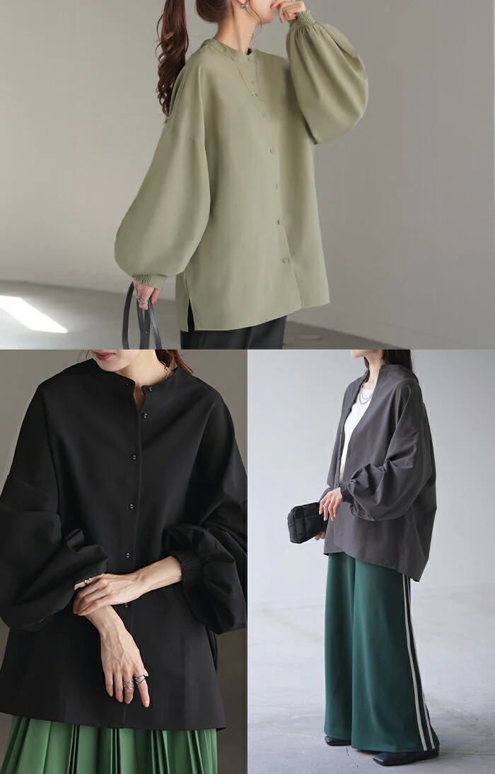 シャツ ブラウス ロング レディース トップス アウター ボリュームスリーブ ノーカラー スタンドネック ドロップショルダー お尻が隠れる オーバーサイズ シャーリング チュニック 羽織 レイヤード 重ね着 体型カバー 大きいサイズ 白 黒 春 夏 HUG.U メール便 - Image 22