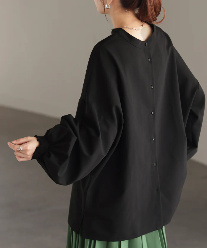 シャツ ブラウス ロング レディース トップス アウター ボリュームスリーブ ノーカラー スタンドネック ドロップショルダー お尻が隠れる オーバーサイズ シャーリング チュニック 羽織 レイヤード 重ね着 体型カバー 大きいサイズ 白 黒 春 夏 HUG.U メール便 - Image 30