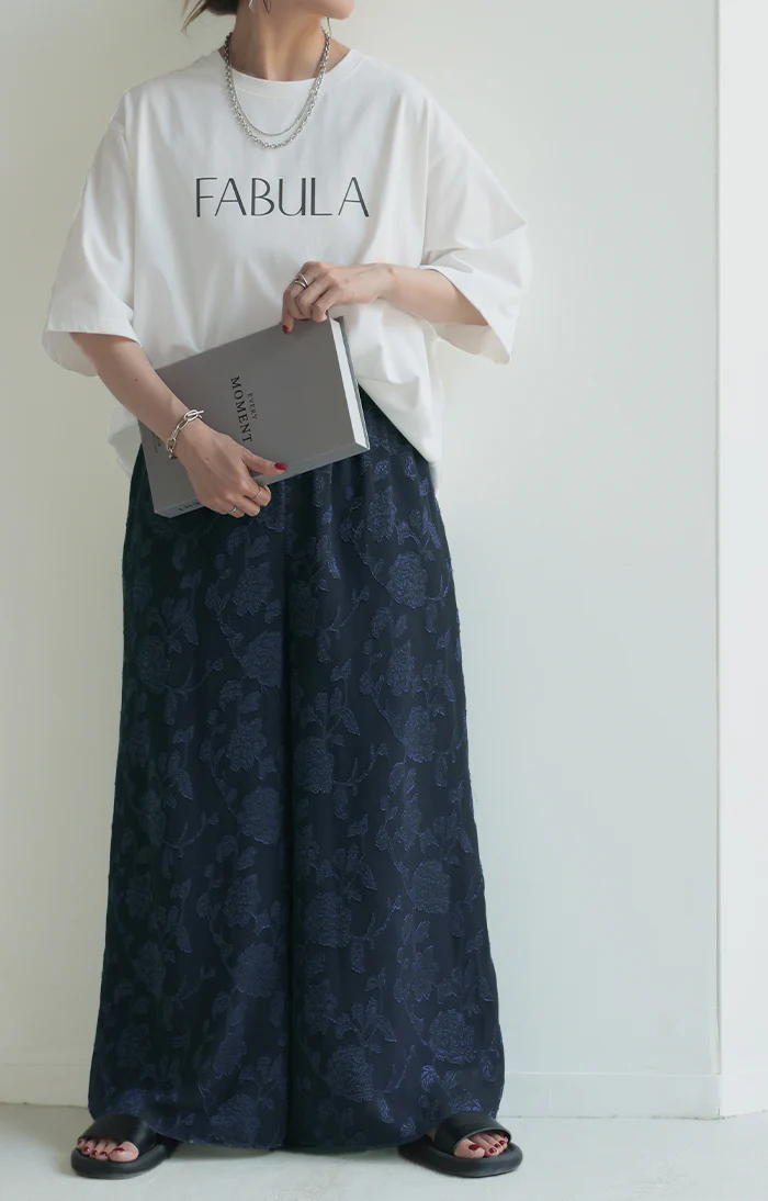 パンツ ワイド シフォン ジャガード レディース ロング ワイドパンツ 太い ガウチョ ガウチョパンツ レース ズボン ずぼん ボトムス 花柄 総柄 シフォンパンツ フレア フレアパンツ ウエストゴム 体型カバー 大きいサイズ きれいめ 黒 夏 春 HUG.U メール便 - Image 14
