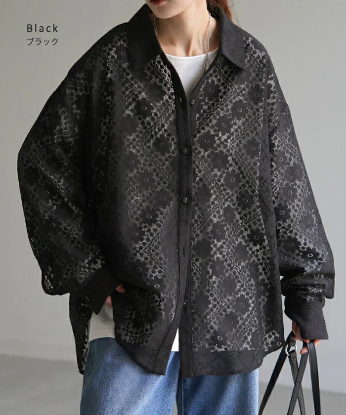 シャツ レディース レース シアー チュニック トップス 柄 花柄 ブラウス シアーシャツ オーバーサイズ 長い ロング ロングシャツ 長袖 羽織 きれいめ ゆったり ドロップショルダー ドルマン 大きいサイズ 体型カバー 黒 白 春 夏 HUG.U メール便 - Image 16