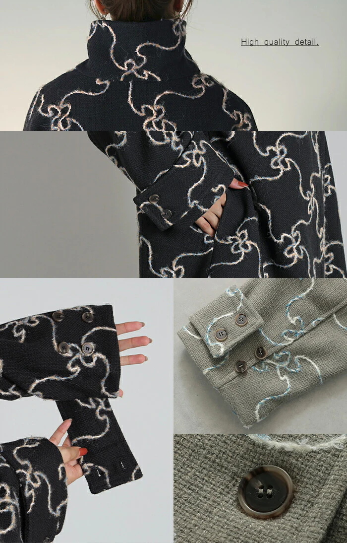 コート 刺繍 ロング 2way 襟 レディース アウター チェスターコート ロングコート タートルネック 総柄 長袖 お尻が隠れる アート ハイネック チュニック オーバー Aライン 羽織 ゆったり 防寒 大きいサイズ 体型カバー 黒 グレージュ 春 夏 HUG.U - Image 23