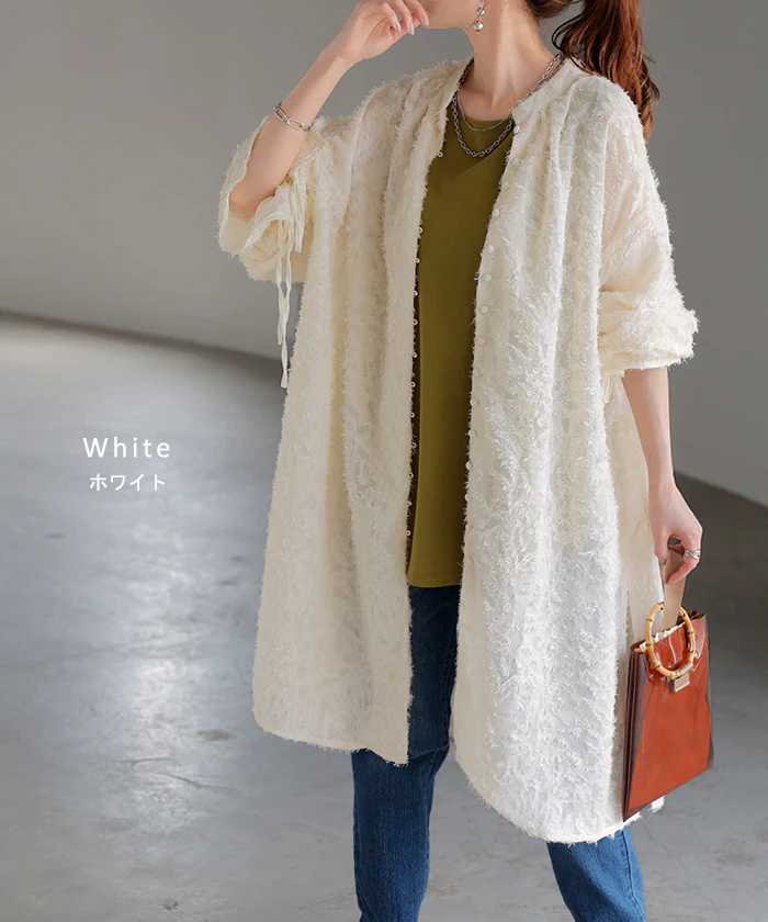 シャツ チュニック ワンピース ジャガード ブラウス ロング シャツワンピース シャツワンピ レディース ロングワンピース ロングワンピ マキシ フリンジ Aライン シアー ノーカラ― ワンピ 長袖 無地 大きいサイズ 体型カバー ピンク 黒 春 夏 HUG.U メール便 - Image 11