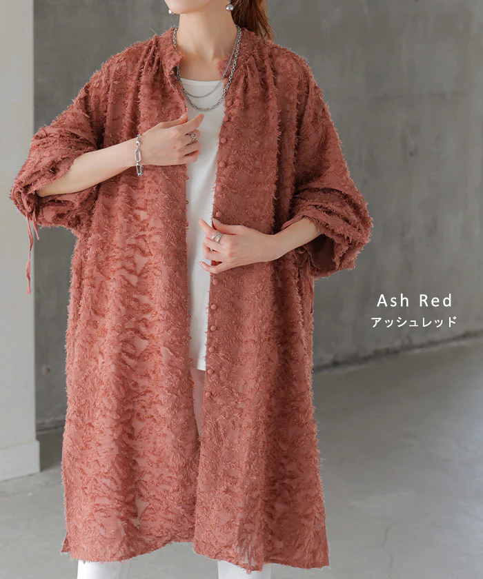 シャツ チュニック ワンピース ジャガード ブラウス ロング シャツワンピース シャツワンピ レディース ロングワンピース ロングワンピ マキシ フリンジ Aライン シアー ノーカラ― ワンピ 長袖 無地 大きいサイズ 体型カバー ピンク 黒 春 夏 HUG.U メール便 - Image 12