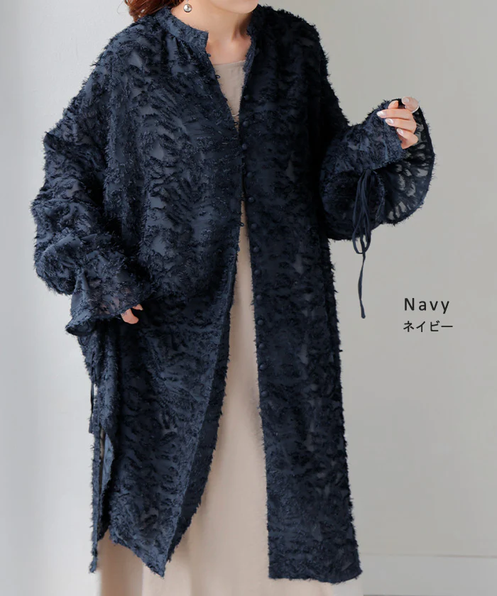 シャツ チュニック ワンピース ジャガード ブラウス ロング シャツワンピース シャツワンピ レディース ロングワンピース ロングワンピ マキシ フリンジ Aライン シアー ノーカラ― ワンピ 長袖 無地 大きいサイズ 体型カバー ピンク 黒 春 夏 HUG.U メール便 - Image 14