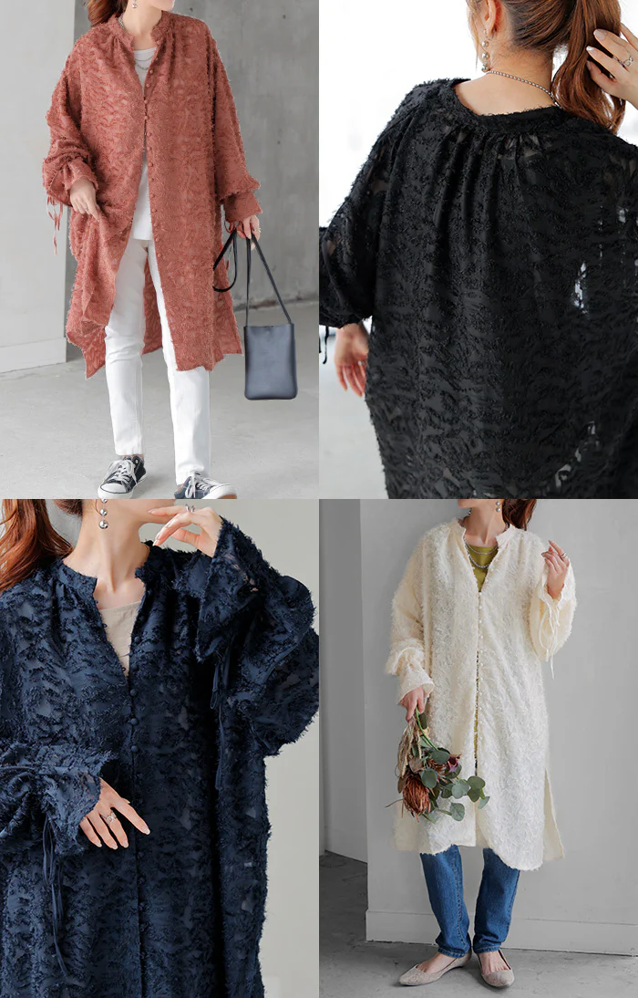 シャツ チュニック ワンピース ジャガード ブラウス ロング シャツワンピース シャツワンピ レディース ロングワンピース ロングワンピ マキシ フリンジ Aライン シアー ノーカラ― ワンピ 長袖 無地 大きいサイズ 体型カバー ピンク 黒 春 夏 HUG.U メール便 - Image 17