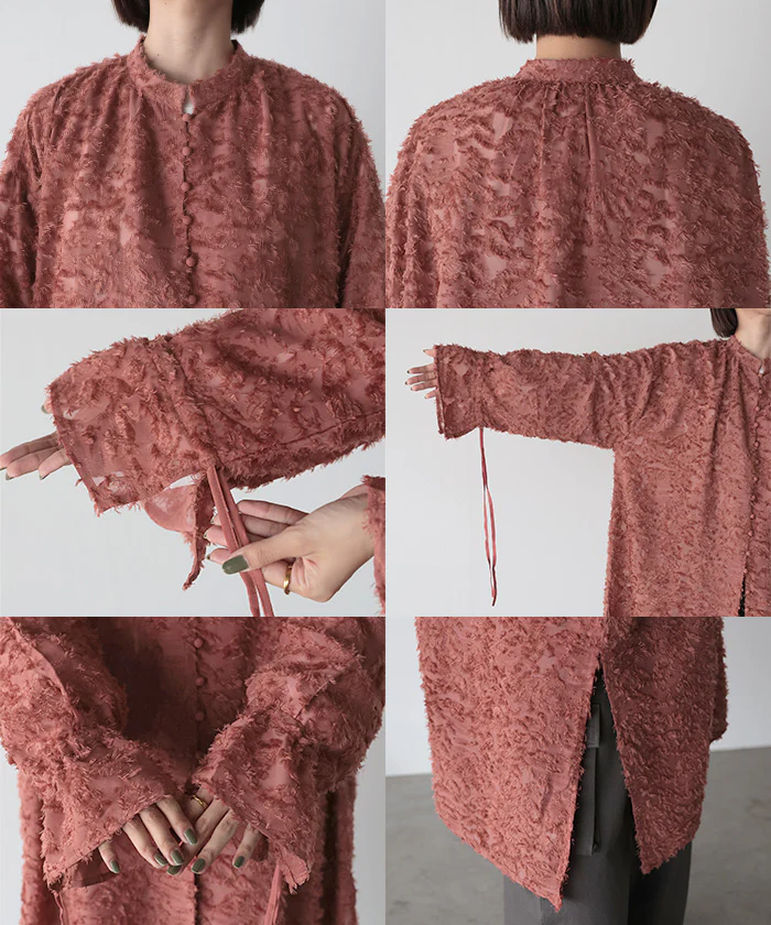 シャツ チュニック ワンピース ジャガード ブラウス ロング シャツワンピース シャツワンピ レディース ロングワンピース ロングワンピ マキシ フリンジ Aライン シアー ノーカラ― ワンピ 長袖 無地 大きいサイズ 体型カバー ピンク 黒 春 夏 HUG.U メール便 - Image 22