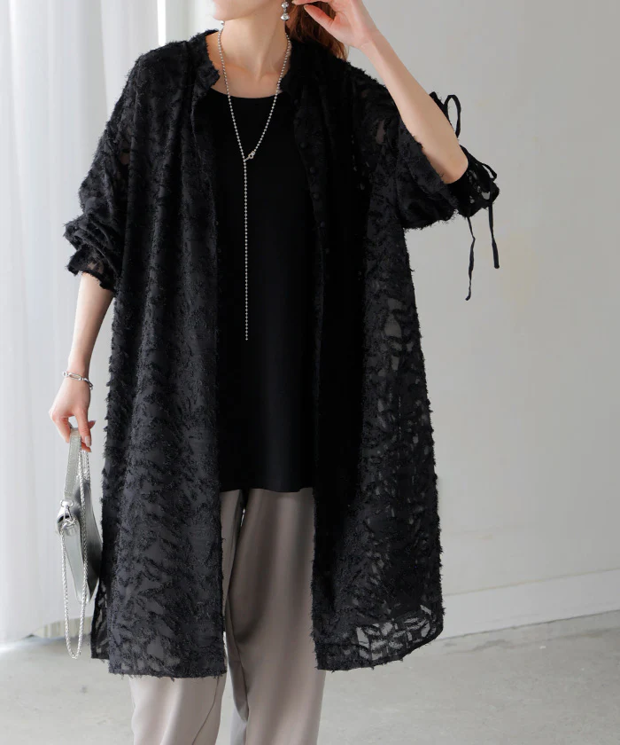 シャツ チュニック ワンピース ジャガード ブラウス ロング シャツワンピース シャツワンピ レディース ロングワンピース ロングワンピ マキシ フリンジ Aライン シアー ノーカラ― ワンピ 長袖 無地 大きいサイズ 体型カバー ピンク 黒 春 夏 HUG.U メール便 - Image 26