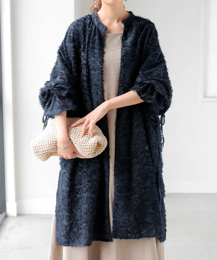シャツ チュニック ワンピース ジャガード ブラウス ロング シャツワンピース シャツワンピ レディース ロングワンピース ロングワンピ マキシ フリンジ Aライン シアー ノーカラ― ワンピ 長袖 無地 大きいサイズ 体型カバー ピンク 黒 春 夏 HUG.U メール便 - Image 5