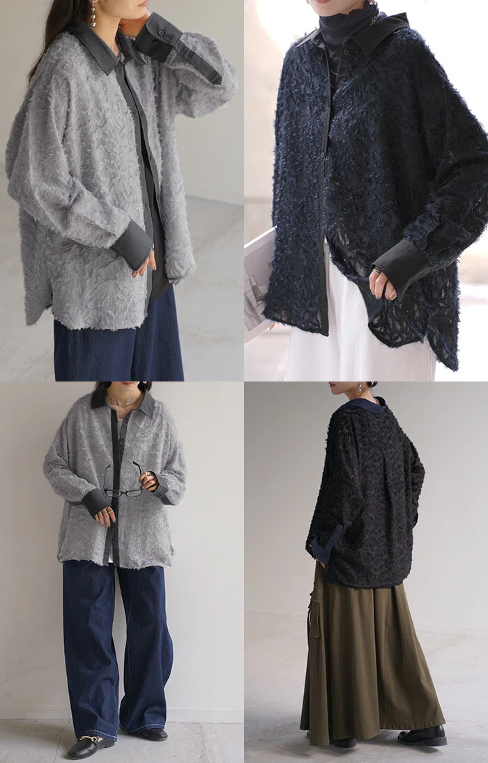 シャツ ジャガード シアー ロング ロングシャツ レディース チュニック フリンジ ブラウス トップス 長袖 フリンジシャツ 総柄 柄シャツ カラーシャツ 羽織 チュニック 大きいサイズ 体型カバー お尻が隠れる おしゃれ ゆったり 黒 グレー 春 夏 HUG.U メール便 - Image 18