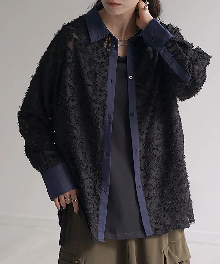 シャツ ジャガード シアー ロング ロングシャツ レディース チュニック フリンジ ブラウス トップス 長袖 フリンジシャツ 総柄 柄シャツ カラーシャツ 羽織 チュニック 大きいサイズ 体型カバー お尻が隠れる おしゃれ ゆったり 黒 グレー 春 夏 HUG.U メール便 - Image 28