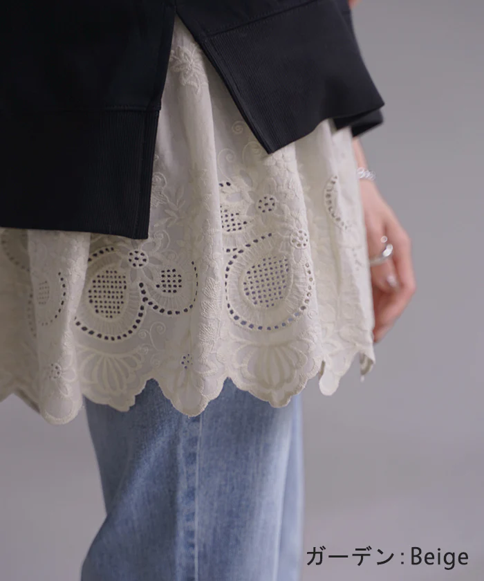 付け裾 レイヤード レディース 重ね着風 刺繍 花柄 レース ■一部7月中旬入荷 つけ裾 着け裾 重ね着 レイヤードシャツ ブラウス Tシャツ ラウンド インナー フェイクレイヤード 腹巻 ゴム 体型カバー お尻が隠れる ゆったり 大きいサイズ 黒 白 ベージュ 春 夏 HUG.U メール便 - Image 10