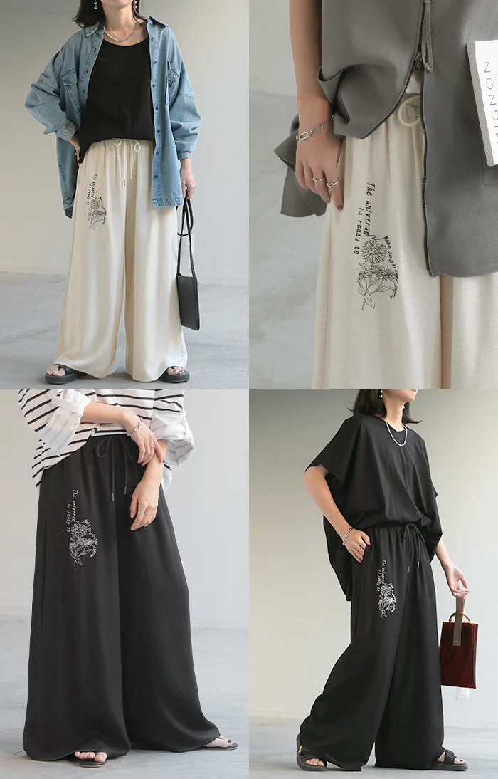 パンツ ワイド 刺繍 レディース ボトムス リネン 混 ■一部7月上旬入荷 ワイドパンツ ロング ロングパンツ ロゴ 花柄 ボトム ストレート ズボン ずぼん ハイウエスト ストレッチ ゆったり 美脚 薄手 ウエスト ゴム 大きいサイズ 体型カバー 白 黒 春 夏 HUG.U - Image 22