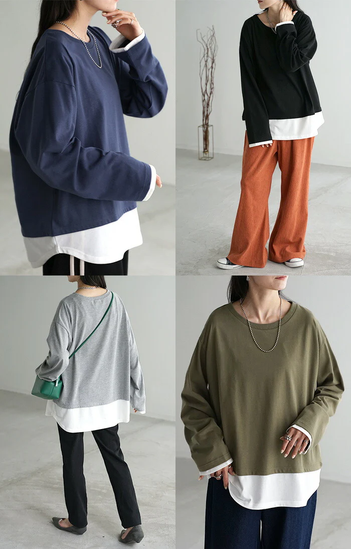 ロンT レイヤード 風 レディース カットソー 重ね着 ティーシャツ 無地 長袖 Tシャツ ロング チュニック ビッグ ドルマン 大きいサイズ ゆる トップス Uネック 長い フェイクレイヤード 体型カバー オーバーサイズ お尻が隠れる ブルー 黒 春 夏 HUG.U メール便 - Image 22