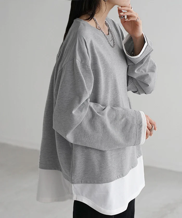 ロンT レイヤード 風 レディース カットソー 重ね着 ティーシャツ 無地 長袖 Tシャツ ロング チュニック ビッグ ドルマン 大きいサイズ ゆる トップス Uネック 長い フェイクレイヤード 体型カバー オーバーサイズ お尻が隠れる ブルー 黒 春 夏 HUG.U メール便 - Image 27