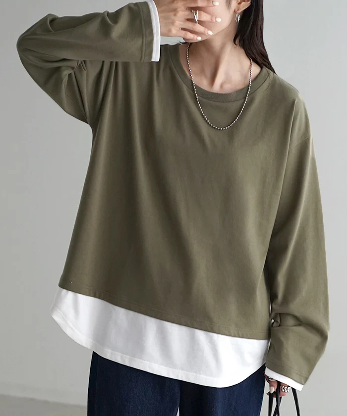 ロンT レイヤード 風 レディース カットソー 重ね着 ティーシャツ 無地 長袖 Tシャツ ロング チュニック ビッグ ドルマン 大きいサイズ ゆる トップス Uネック 長い フェイクレイヤード 体型カバー オーバーサイズ お尻が隠れる ブルー 黒 春 夏 HUG.U メール便 - Image 28