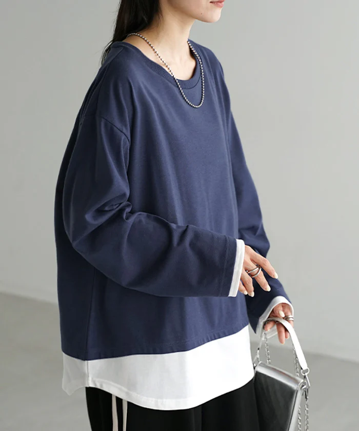 ロンT レイヤード 風 レディース カットソー 重ね着 ティーシャツ 無地 長袖 Tシャツ ロング チュニック ビッグ ドルマン 大きいサイズ ゆる トップス Uネック 長い フェイクレイヤード 体型カバー オーバーサイズ お尻が隠れる ブルー 黒 春 夏 HUG.U メール便 - Image 30