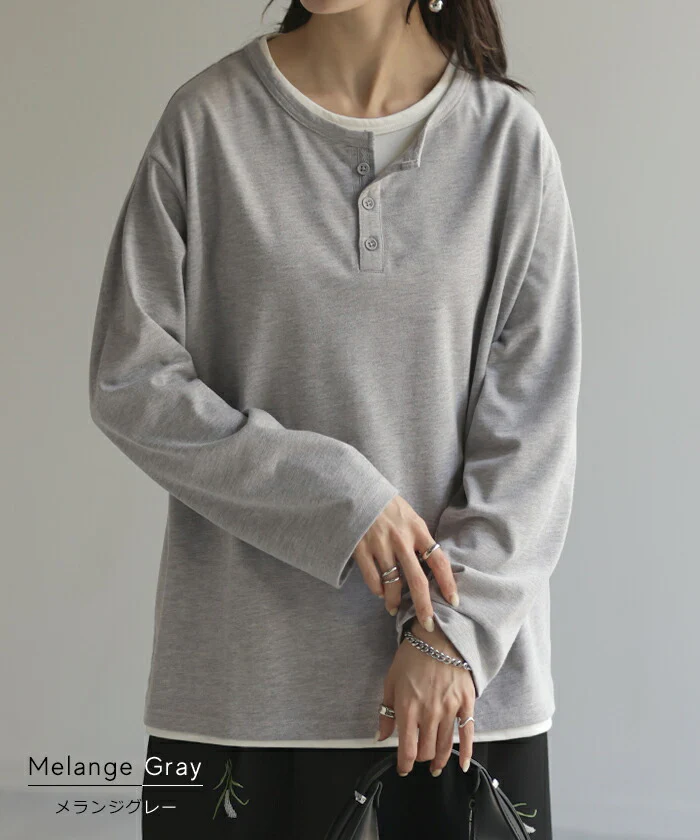 カットソー トップス ロンT Tシャツ 重ね着 風 レディース 長袖 レイヤード 風 チュニック 長い 付け裾 付け襟 フェイクレイヤード Uネック ヘンリーネック ドロップショルダー 無地 ドルマン カジュアル 大きいサイズ 体型カバー 春 夏 黒 カーキ HUG.U メール便 - Image 10