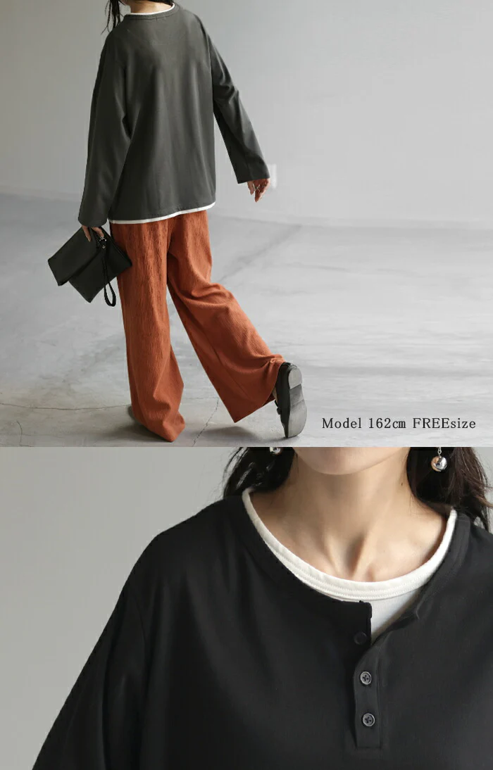カットソー トップス ロンT Tシャツ 重ね着 風 レディース 長袖 レイヤード 風 チュニック 長い 付け裾 付け襟 フェイクレイヤード Uネック ヘンリーネック ドロップショルダー 無地 ドルマン カジュアル 大きいサイズ 体型カバー 春 夏 黒 カーキ HUG.U メール便 - Image 13