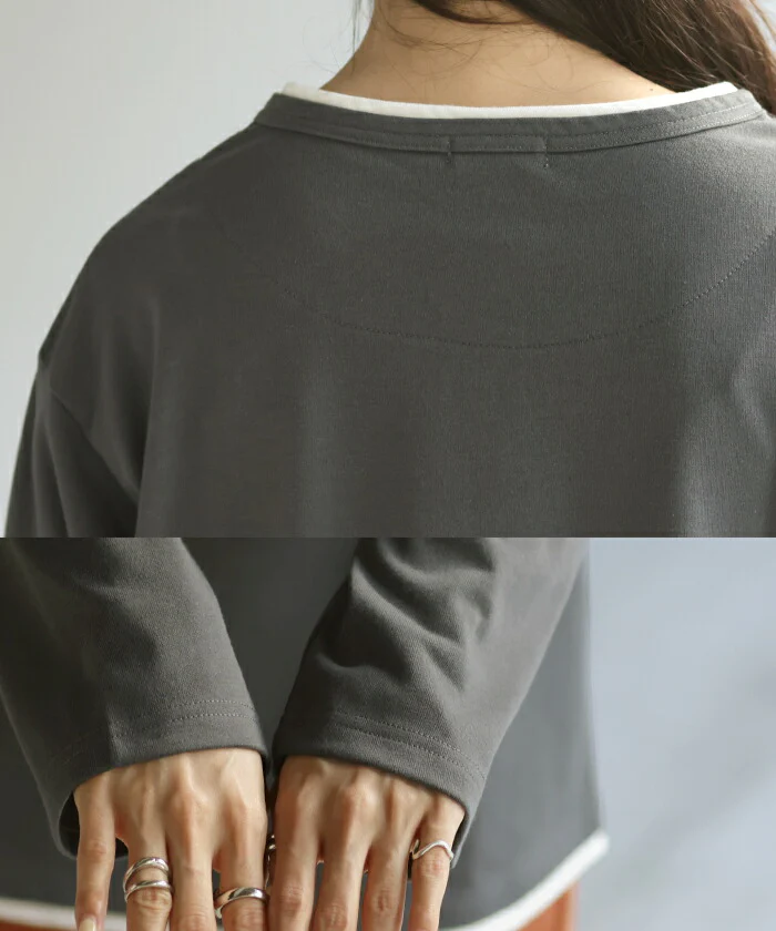 カットソー トップス ロンT Tシャツ 重ね着 風 レディース 長袖 レイヤード 風 チュニック 長い 付け裾 付け襟 フェイクレイヤード Uネック ヘンリーネック ドロップショルダー 無地 ドルマン カジュアル 大きいサイズ 体型カバー 春 夏 黒 カーキ HUG.U メール便 - Image 23