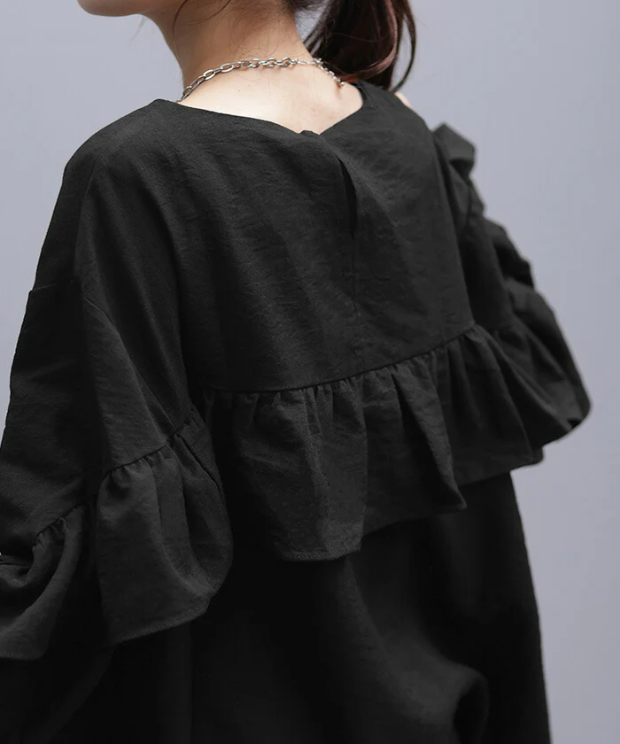シャツ レディース トップス バックフリル フリル ■一部7月上旬入荷 プルオーバー キーネック しわが目立ちにくい 体型カバー チュニック 長袖 オーバーサイズ ロング ブラウス バックシャン 変形 お尻が隠れる 大きいサイズ おしゃれ ブラック 白 春 夏 HUG.U - Image 15